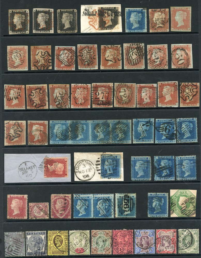 1840-87 range of 54 stamps on hagner page incl. 1840 1d (4), 2d, 1841 1d (21), 2d strip of four +