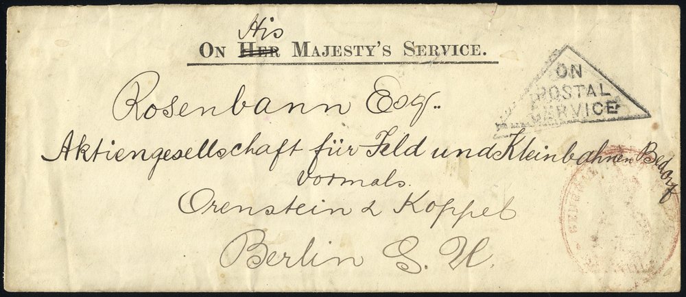 1903 long OHMS cover to Berlin, triangular ON POSTAL SERVICE in black & red GPO cachet (which is