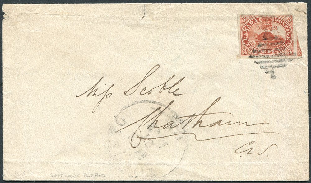 1852-57 3d red on soft wove ribbed paper, good to large margins, 3 sides just touched at top right