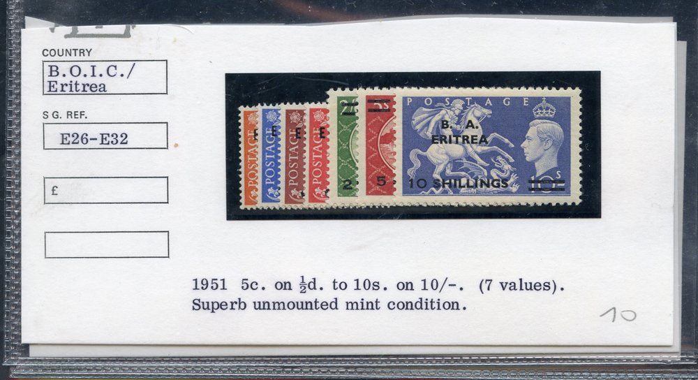 BRITISH COMMONWEALTH KGVI UM defin sets comprising B.O.I.C Eritrea 1951 set SG.E26/E32, Mauritius