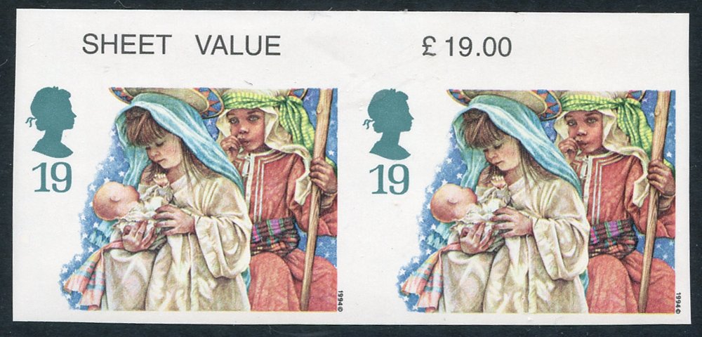1994 Christmas 19p Mary & Joseph, fine top marginal UM IMPERFORATE pair, SG.1843a.  Symbol: A