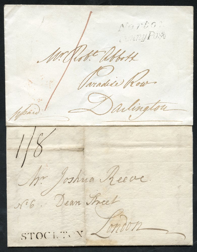 DURHAM - STOCKTON ON TEES 1801-74 incl. 1801 cover to London bearing s/line STOCKTON, 1851 s/line `