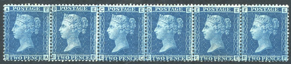 1858 2d blue Pl.8, very fine M strip of six, lett EA/EF, superb fresh multiple, SG.45. Cat. £10,