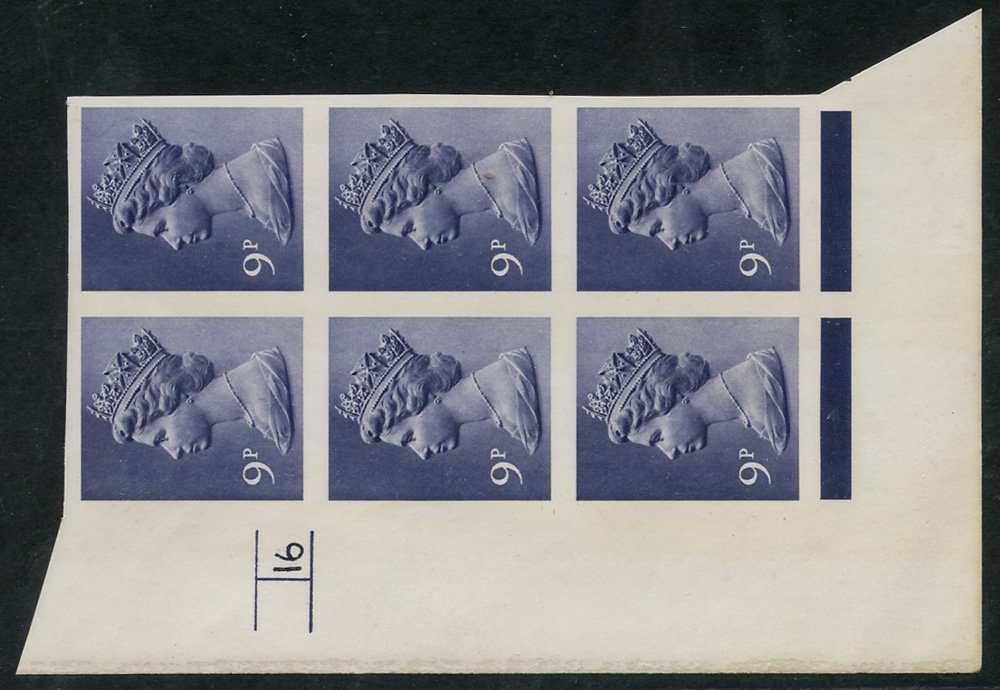 1976 9p deep violet imperforate cylinder block of six, UM, SG.X883a. Rare imperf multiple.  Symbol: