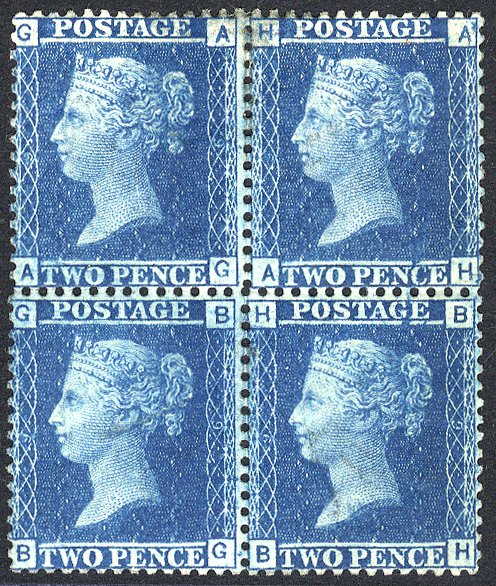 1858 2d blue Pl.9 block of four AG/BH, fresh M - large part o.g, rich colour, SG.45. Cat. £2100