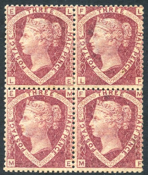 1870 1½d rose red Pl.3 fine M block of four LE/MF, fresh with full o.g, SG.51. (4) Cat. £2300