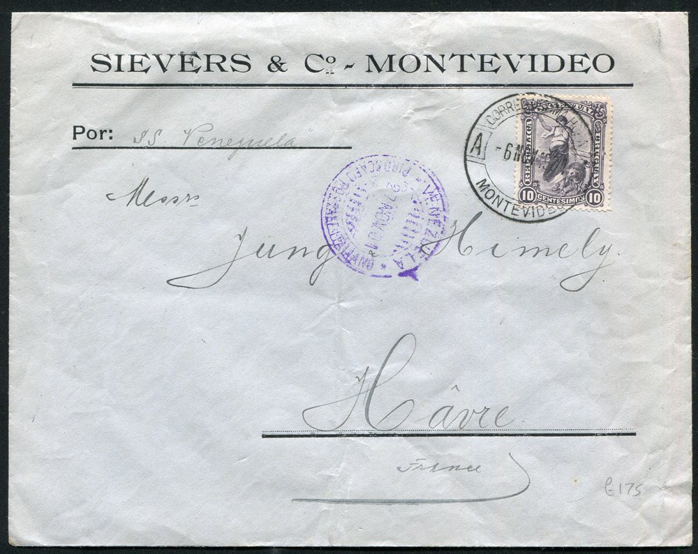 1901 commercial E to France with 10c stamp ex Montevideo & ship`s violet cachet VENEZUELA/PIROSCAFO