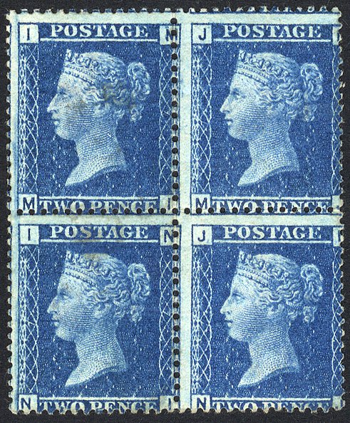 1858 2d blue Pl.7 block of four, part o.g, some gum creasing on upper pair, SG.45. Rare block. (4)