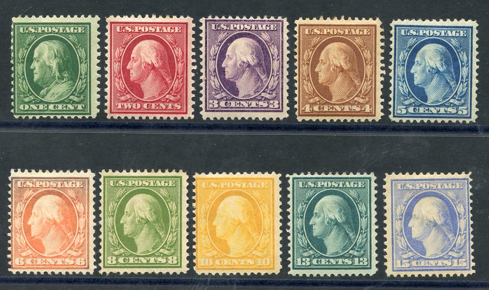 1908-10 Washington P.12 defins, 10 vals to 15c M, from SG.338/347. (10) Cat. £460 Symbol: J