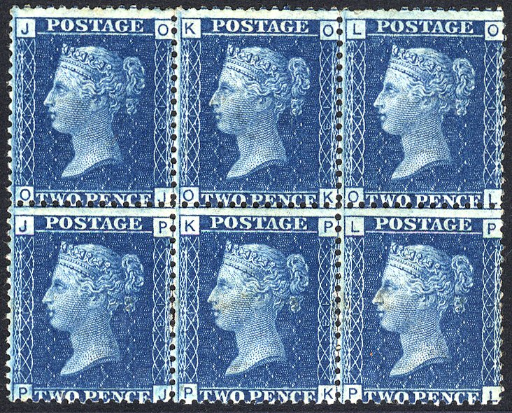 1858 2d blue Pl.13 block of six OJ/PL, fresh M, some natural gum wrinkles, fine block, SG.47. (6)