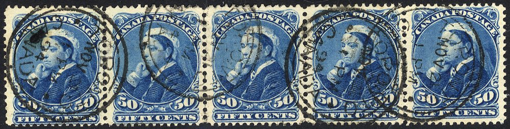 1893 50c blue strip of five, cancelled by Toronto double ring c.d.s`s for Nov.24.94. Attractive