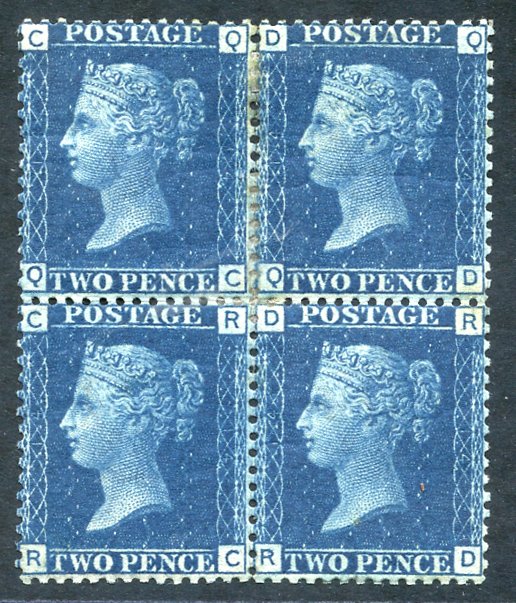 1869 2d blue Pl.14 block of four QC/RD, fresh M, a few split perfs strengthened with hinge