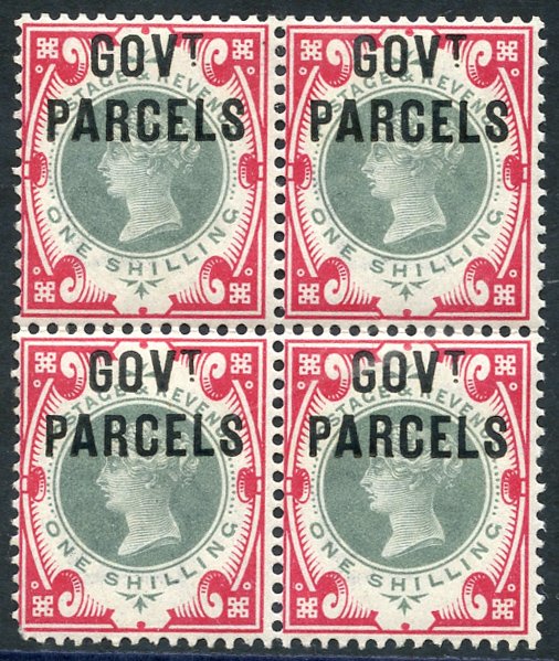 GOVT PARCELS 1900 1s green & carmine, fresh M block of four, lower left stamps has blunt corner