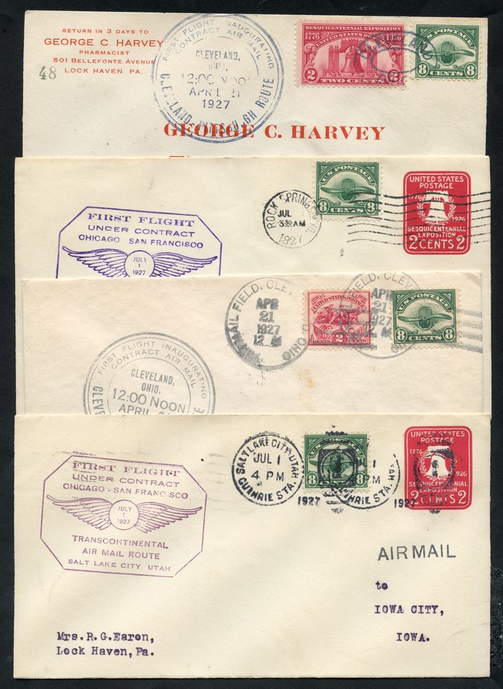 1927 First flight covers, range of 2 cent Sesquicentennial Exposition stationery envelopes (Scott