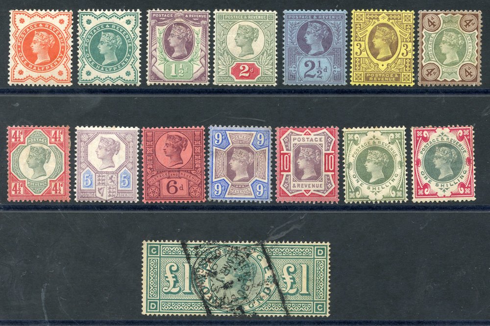 1887 Jubilee & colours change set M odd imperfection, SG.197/214 plus 1891 £1 green U with cds &