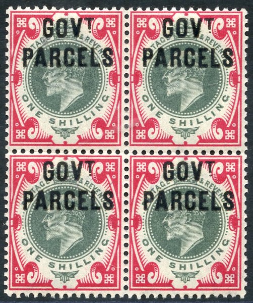 GOVT PARCELS 1902 9d dull purple & ultramarine, fresh M block of four (2x UM) lower left stamp with