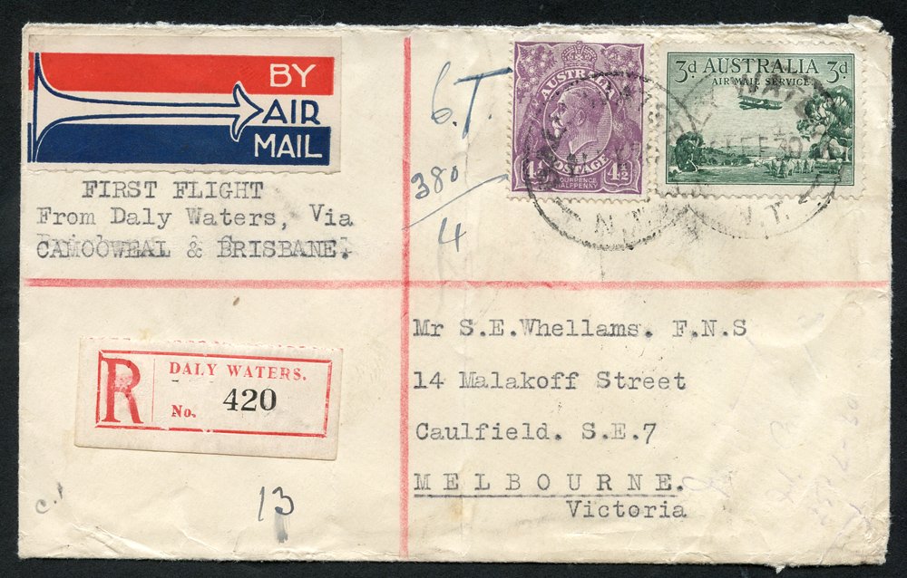 1930 (Feb 20th) return flight envelope by Australian Aerial Services, Daly Waters - Camooweal.