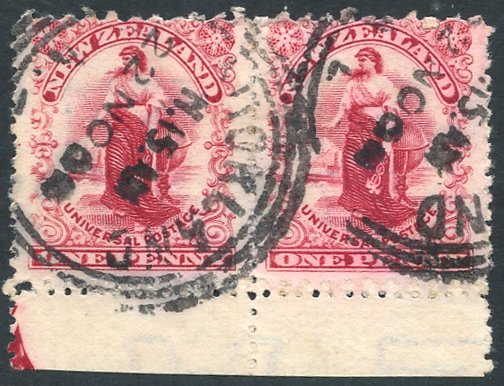 1902 mixed perfs 1d deep carmine, bottom marginal pair, used Auckland triple ring c.d.s, SG.307b. (