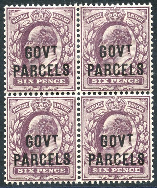 GOVT PARCELS 1902 6d pale dull purple, fresh M block of four (2x UM), SG.076. (4) Cat. £1350