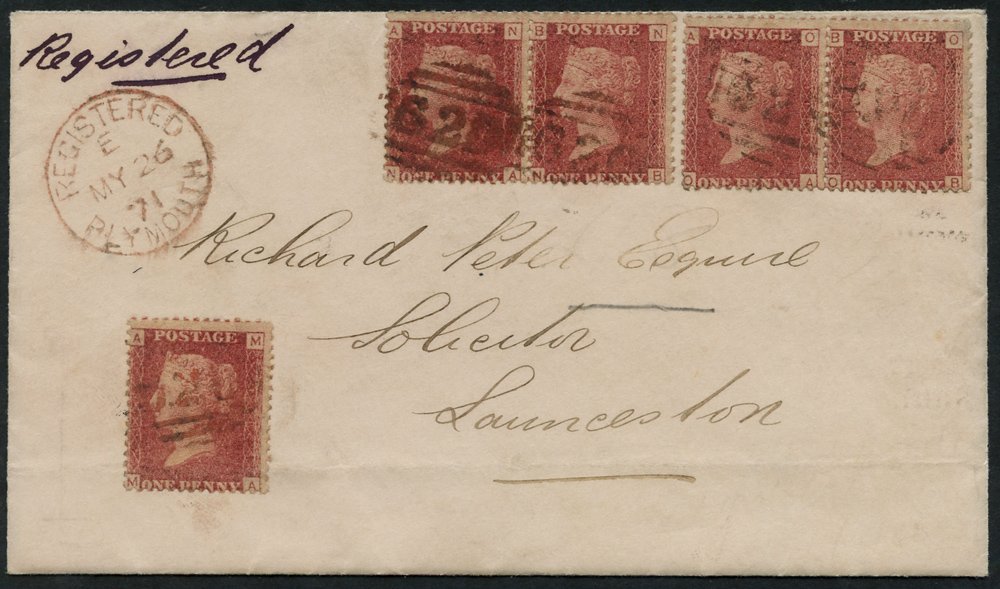 1871 reg cover from Plymouth to Launceston, franked 1d Plate 118 single & two pairs each cancelled