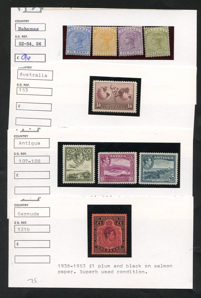 BRITISH COMMONWEALTH selection on cards comprises Antigua 1938 5s, 10s & £1 UM, SG.107/9, Australia