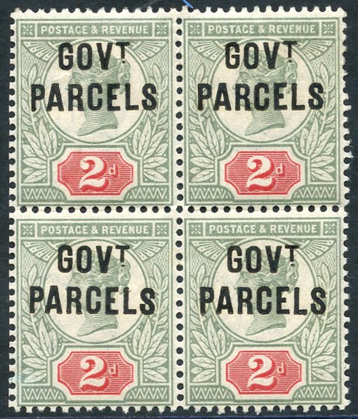 GOVT PARCELS 1891 2d grey-green & carmine, fresh M block of four (2x UM), SG.070. Cat. £1400