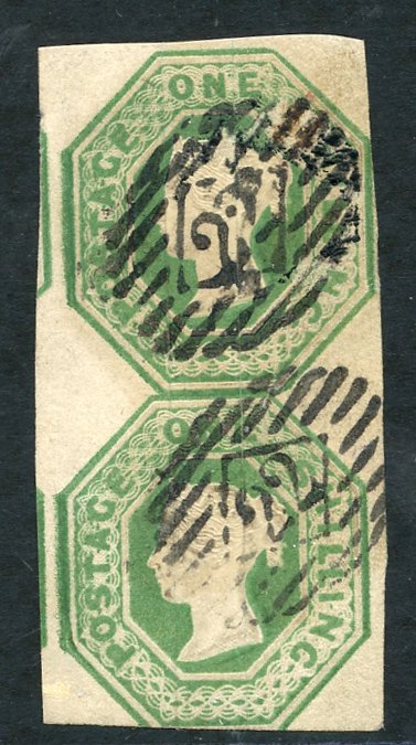 1847-54 1s green vertical pair trimmed at base o/w good margins, cancelled barred oval `22`