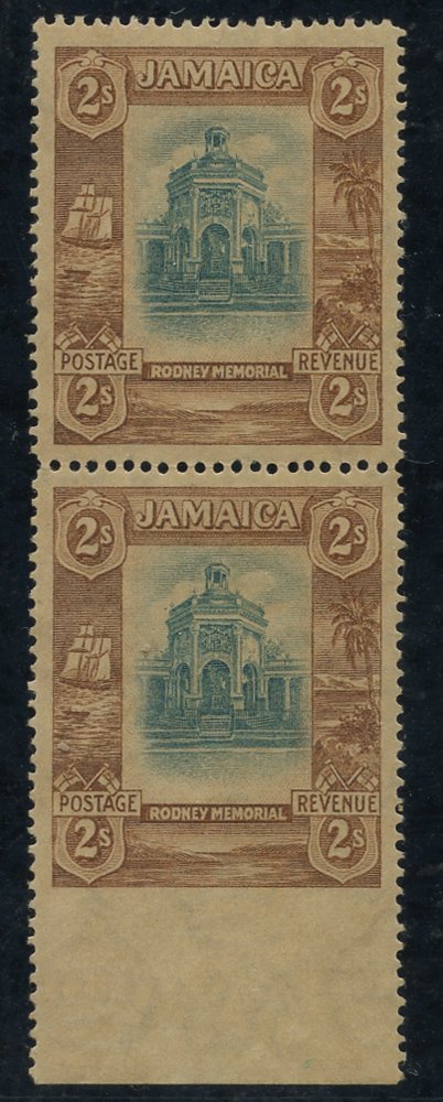 1921-29 Admiral Rodney Memorial 2s light blue & brown lower marginal vertical pair with variety `