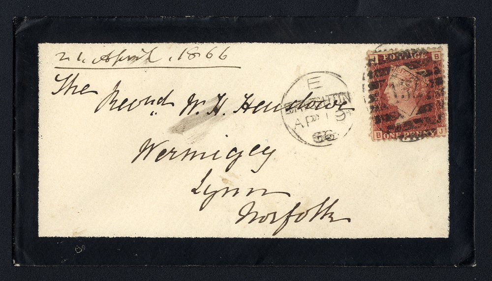 1866 mourning envelope from Brighton to Norfolk, franked 1d Pl.181, tied Brighton `132` in diamond