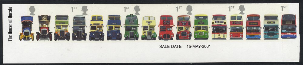 2001 Double-Decker Bus (1st) an imperforate lower left corner marginal complete se-tenant strip of