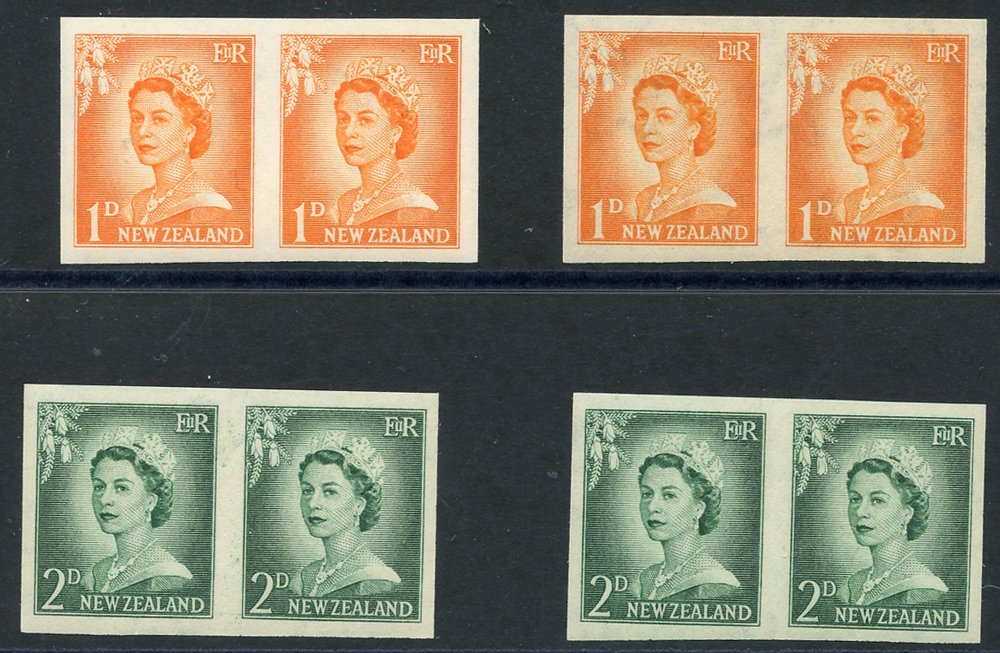 1955-59 QEII defin imperforate pairs on gummed watermarked paper - 1d pairs (2) & 2d pairs (2),