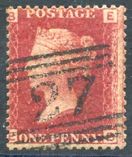 1858-79 1d rose red Pl.225, VFU with Scots numeral cancel, SG.43. (1)  Symbol: C