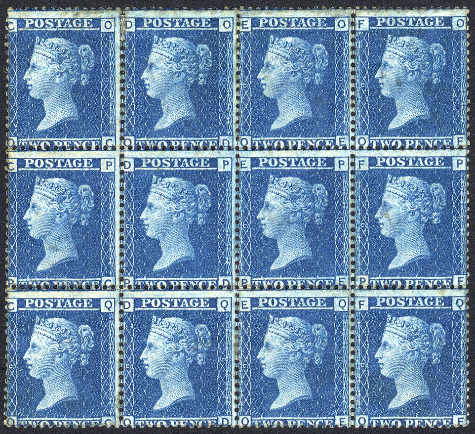 1858 2d blue Pl.9 block of twelve OC/QE good colour, a few split perfs, some minor mainly natural