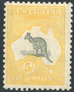 1929 5s grey & yellow, fine M, SG.111. (1) Cat. £225 Symbol: J