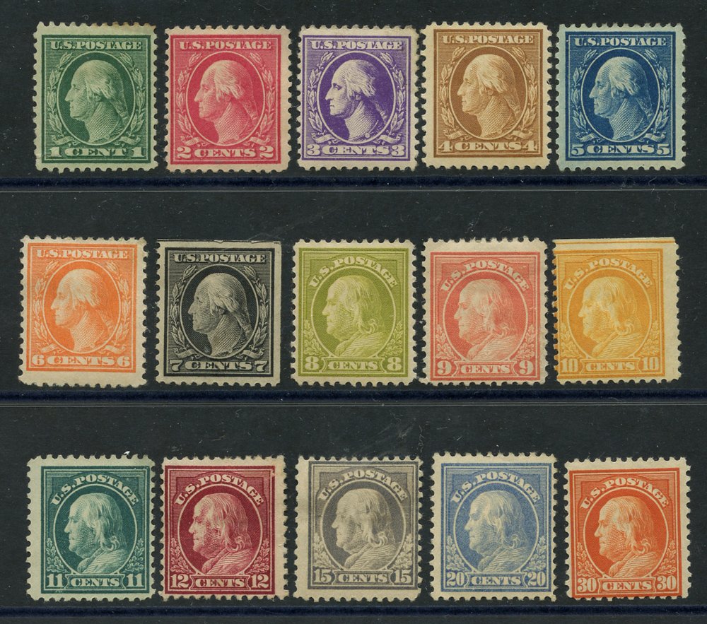 1908-22 Franklin Head defins 1c to 30c (15 different) M, some with heavy hinge remnants.  Symbol: J