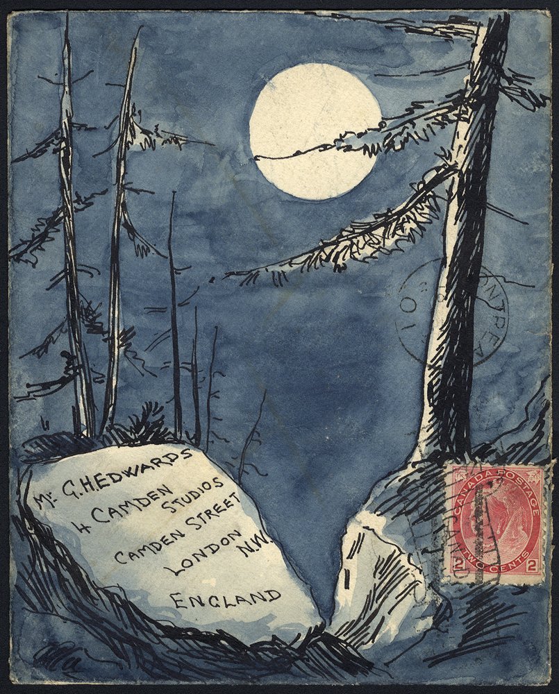 1901 cover from Montreal to Mr. G. Edwards, London depicts moonlight landscape painted by Burgoyne
