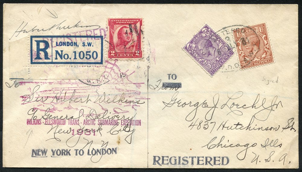 Trans-Arctic Expedition (1932) registered cover to Chicago via UK, with submarine cachet & US 2c