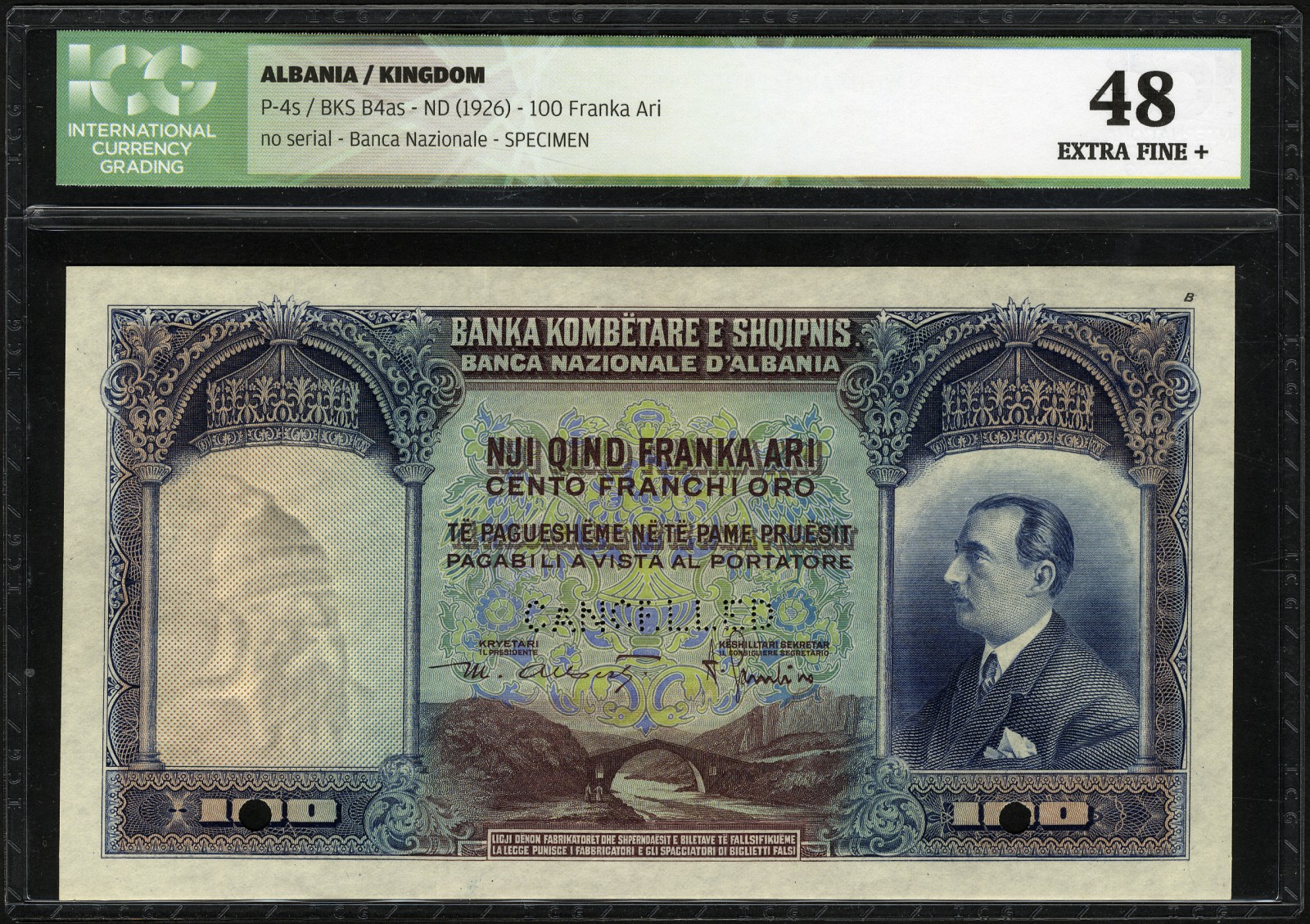 Albania, P 4ct, Banca Nazionale d`Albania, 100 Franka Ari, (1926), COLOUR TRIAL. Gomsiqe Bridge near