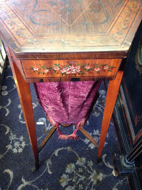 A 19th century fruit wood sewing table, the lid decorated with Hunting motifs with silk lined fabric - Image 16 of 18