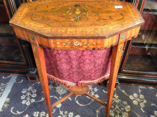 A 19th century fruit wood sewing table, the lid decorated with Hunting motifs with silk lined fabric - Image 18 of 18