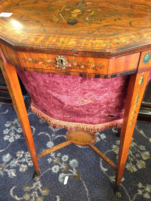 A 19th century fruit wood sewing table, the lid decorated with Hunting motifs with silk lined fabric - Image 15 of 18
