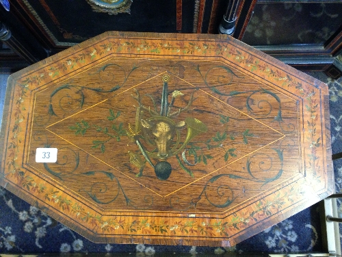 A 19th century fruit wood sewing table, the lid decorated with Hunting motifs with silk lined fabric - Image 2 of 18