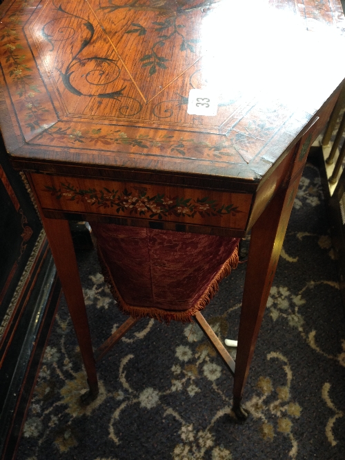 A 19th century fruit wood sewing table, the lid decorated with Hunting motifs with silk lined fabric - Image 17 of 18