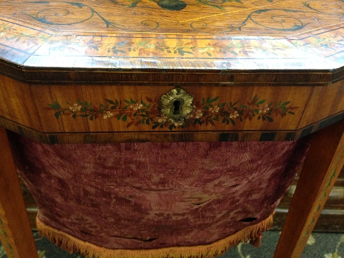 A 19th century fruit wood sewing table, the lid decorated with Hunting motifs with silk lined fabric - Image 5 of 18