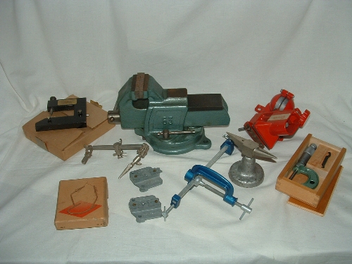 A tray containing a large Vice, small 'Cintride' vice, 2 x Hamblings wheel press tools, Boxed