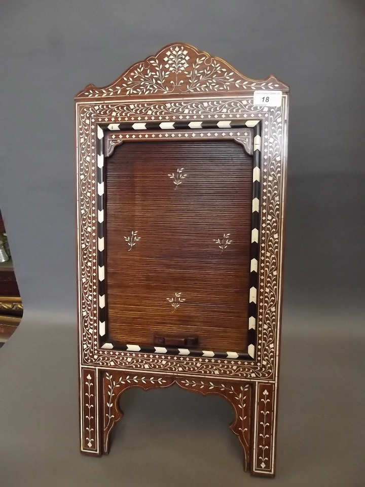 A C19th Moorish bone and ebony inlaid easel mirror with a tambour front, 25½"x12½"