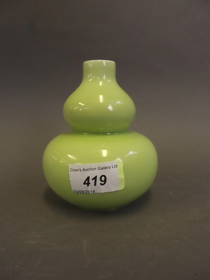A Chinese green glazed double gourd vase with an unusual mark, 4½"