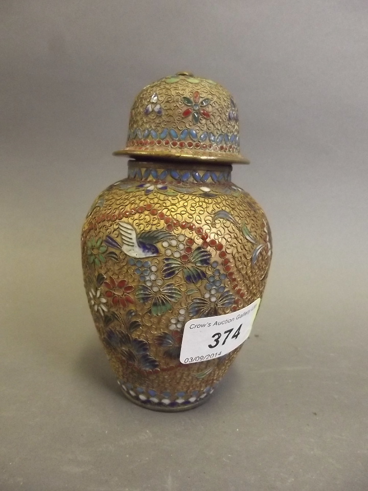 A C19th Chinese cloisonne vase and cover decorated with birds and flowers 5½" high