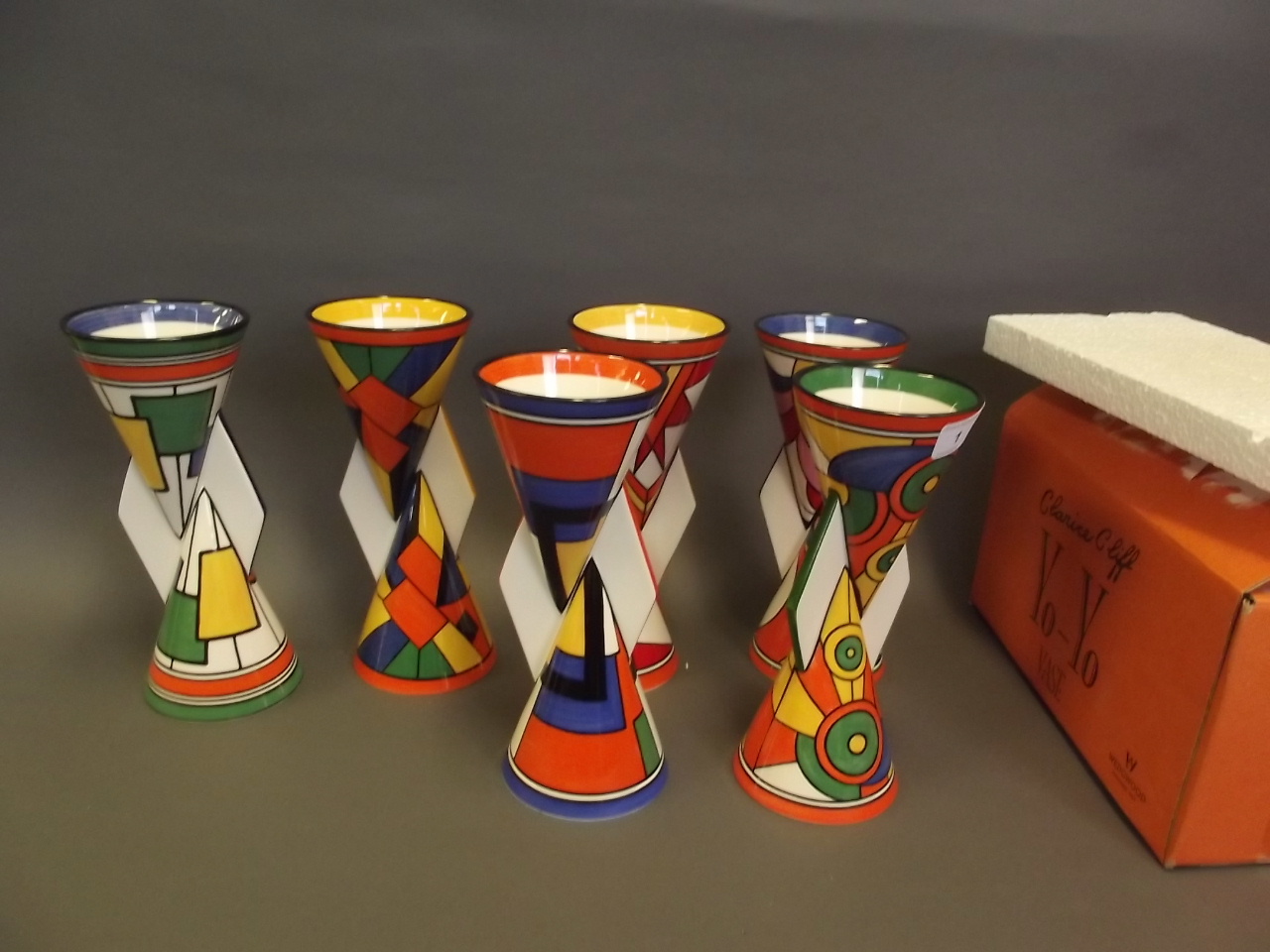 A set of six Wedgwood Limited Edition Clarice Cliff Yoyo pottery vases, all in original boxes, 9''