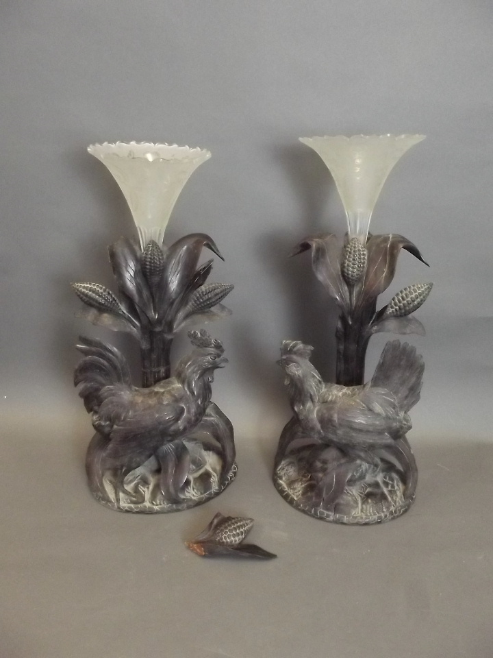 A pair of Black Forest carved wood cockerel and hen with etched glass spill vases (AF), 17½'' high